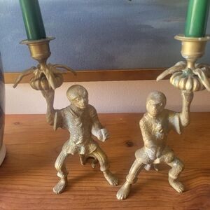 Vintage Solid Brass monkey Candlestick Holders Pair